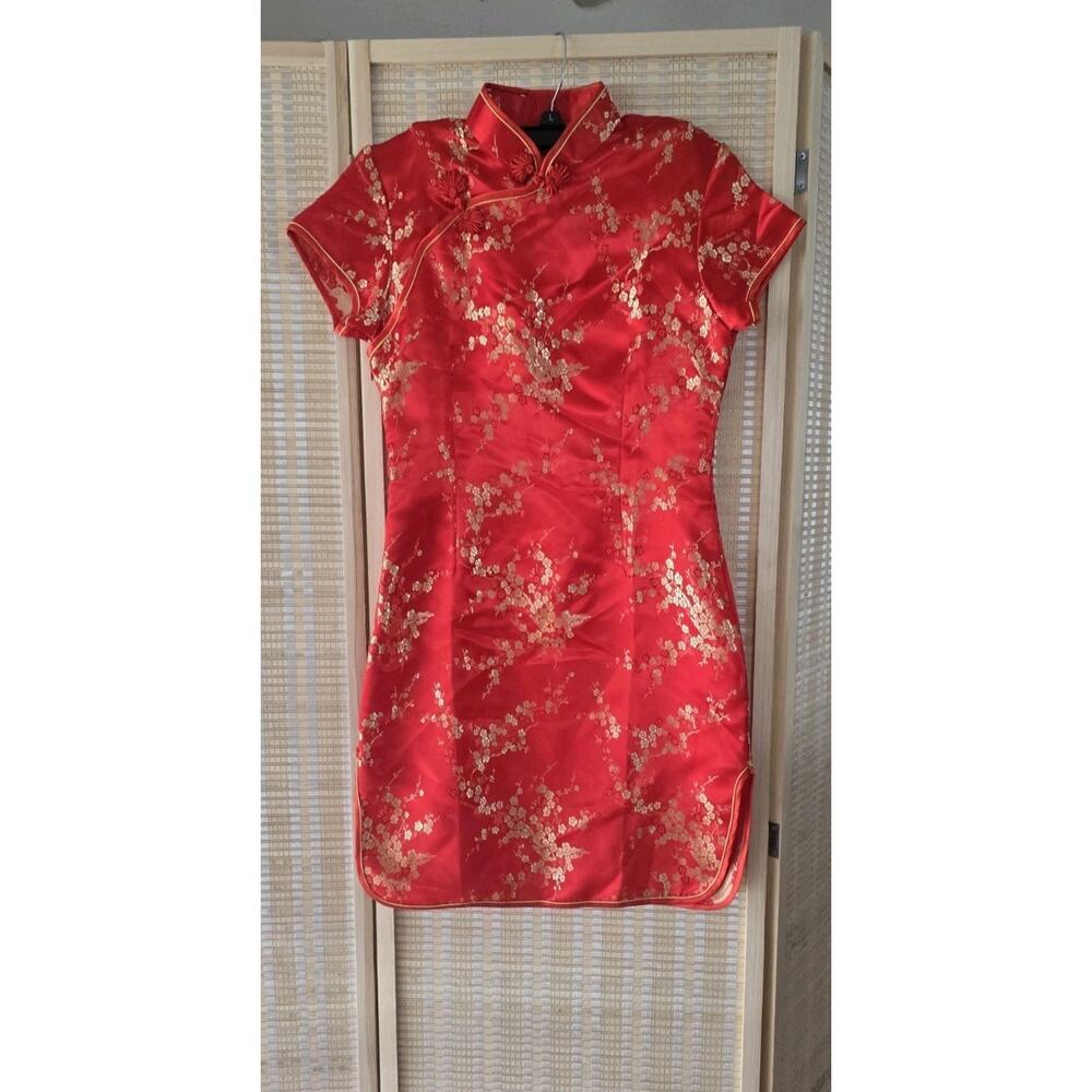 Vintage Red Gold Brocade Ceongsam Dress Y2k Asian Glam Satin Bodycon Med